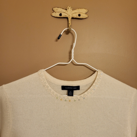 Lands' End. Beaded cashmere crewneck sweater, sequin collar detail. Off white. M - Picture 4 of 6